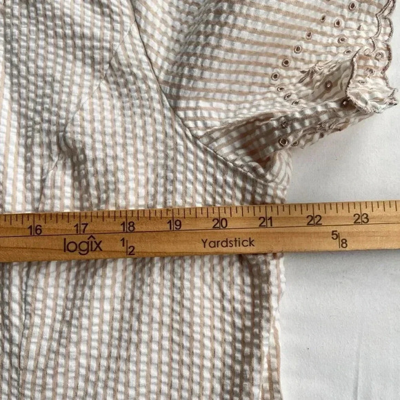 Susan Graver Seersucker Jacket & Shorts Set Womens L Tan Striped Eyelet Retro - Picture 13 of 16